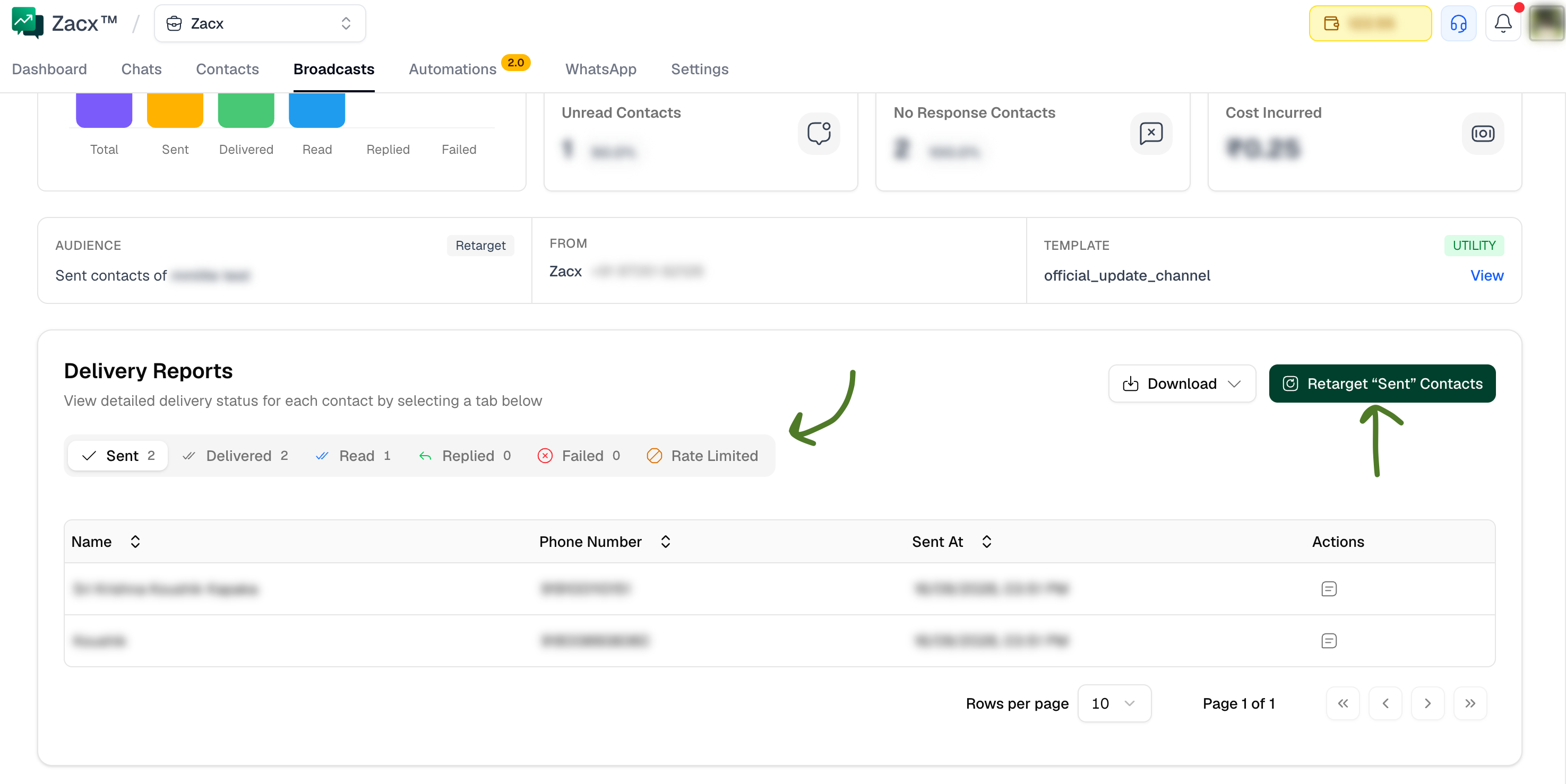 Retargeting contacts from the delivery reports of a broadcast